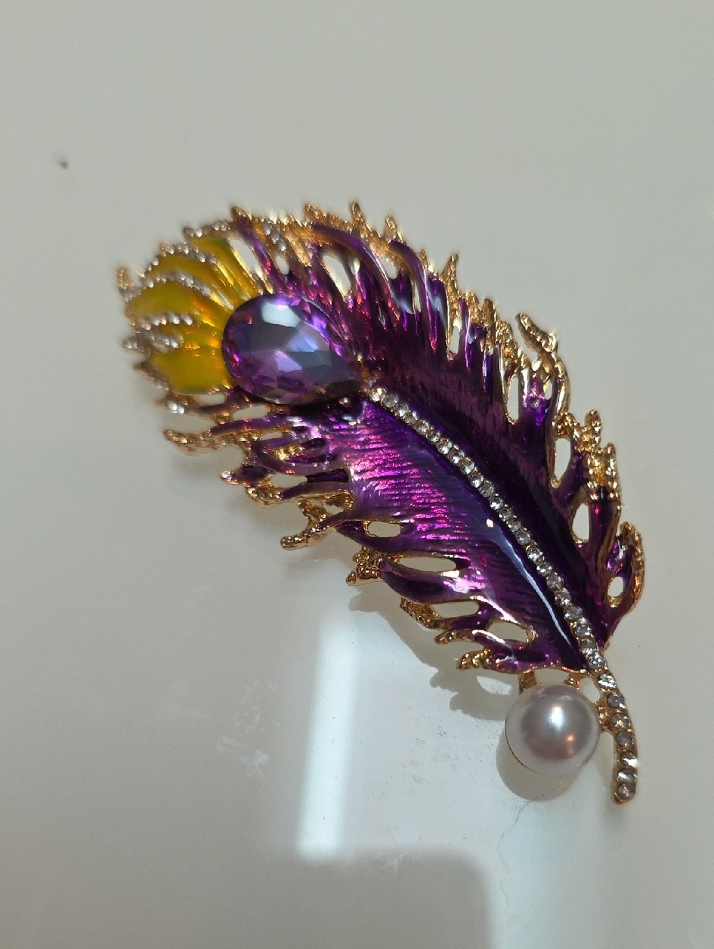 Elegant Purple & Yellow Feather Brooch with Pearl Accent